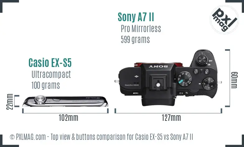 Casio EX-S5 vs Sony A7 II top view buttons comparison