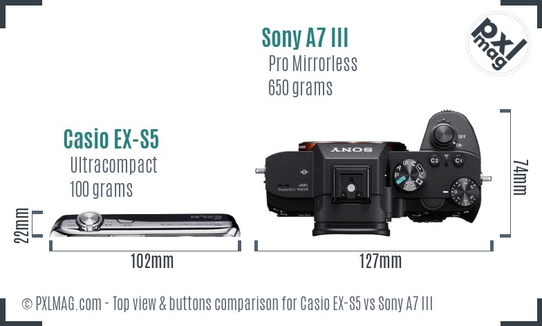 Casio EX-S5 vs Sony A7 III top view buttons comparison
