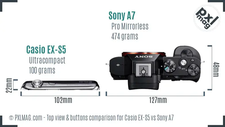 Casio EX-S5 vs Sony A7 top view buttons comparison