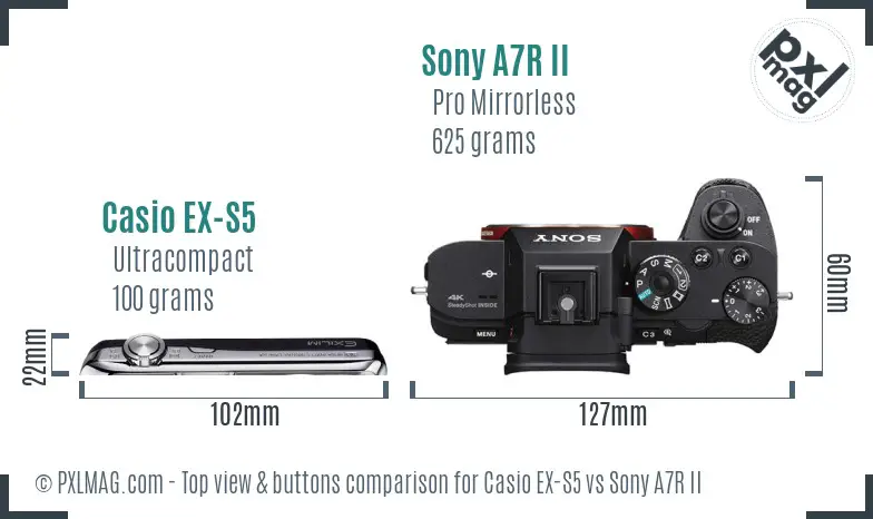 Casio EX-S5 vs Sony A7R II top view buttons comparison