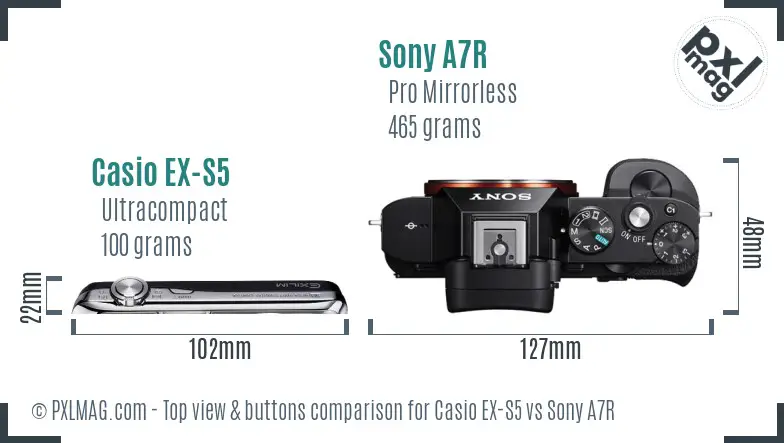 Casio EX-S5 vs Sony A7R top view buttons comparison