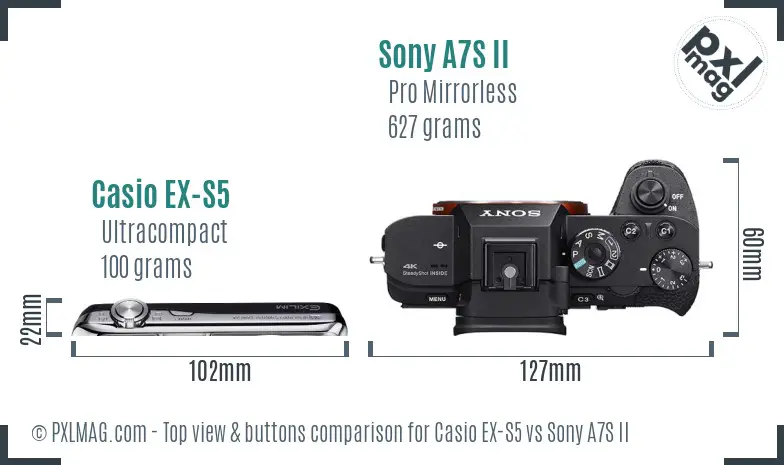 Casio EX-S5 vs Sony A7S II top view buttons comparison