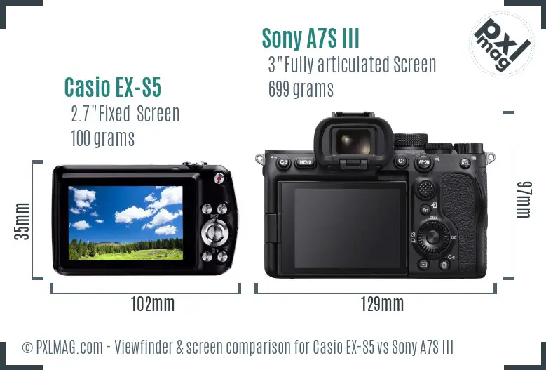 Casio EX-S5 vs Sony A7S III Screen and Viewfinder comparison