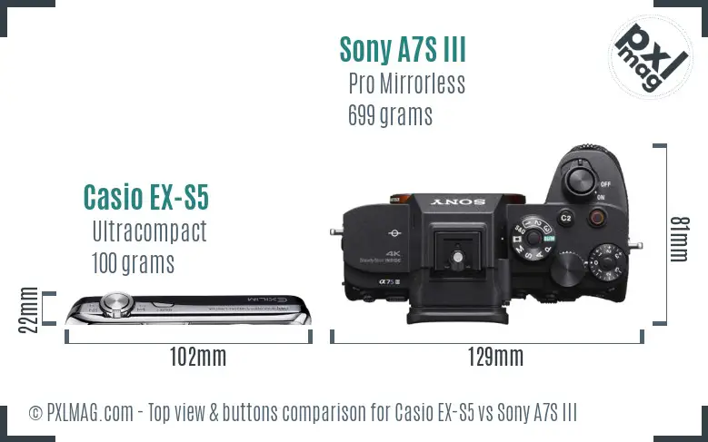 Casio EX-S5 vs Sony A7S III top view buttons comparison