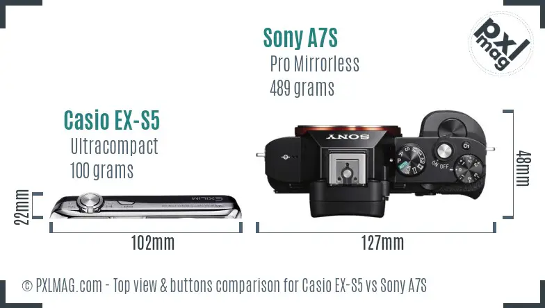Casio EX-S5 vs Sony A7S top view buttons comparison Casio EX-S5 vs Sony A7S top view buttons comparison