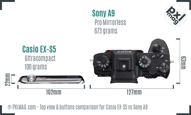 Casio EX-S5 vs Sony A9 top view buttons comparison