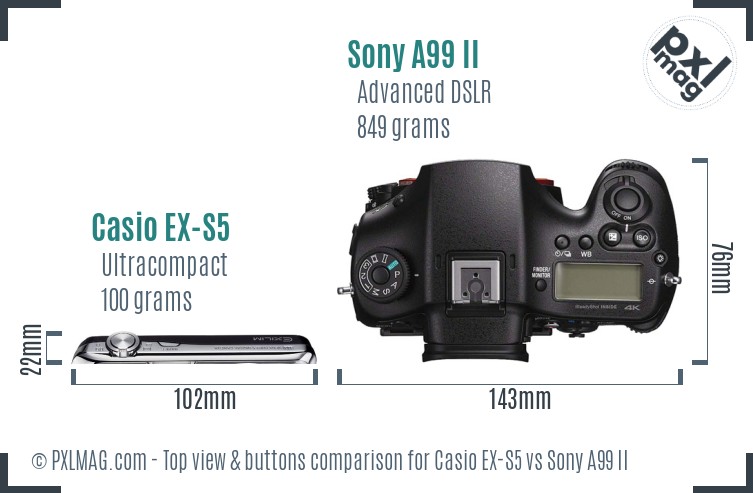 Casio EX-S5 vs Sony A99 II top view buttons comparison
