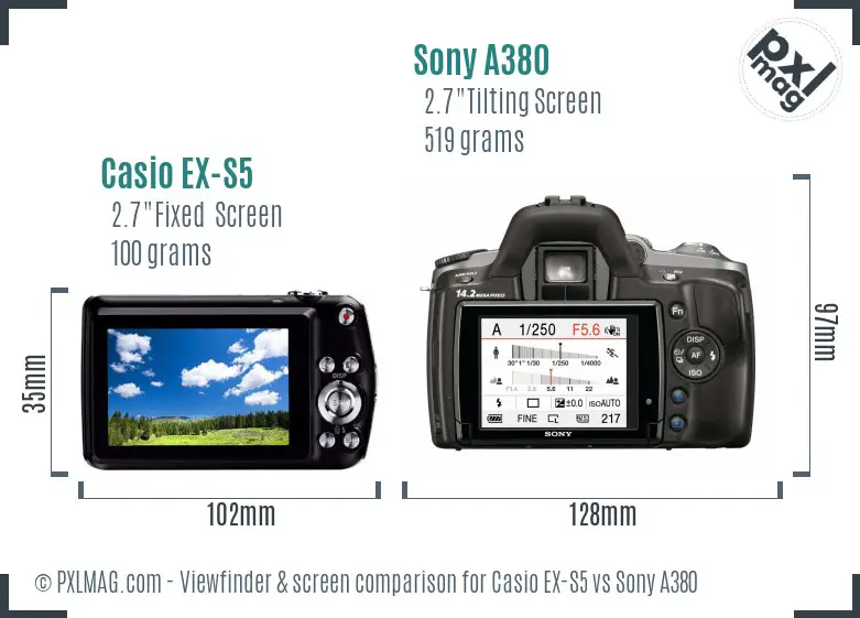 Casio EX-S5 vs Sony A380 Screen and Viewfinder comparison