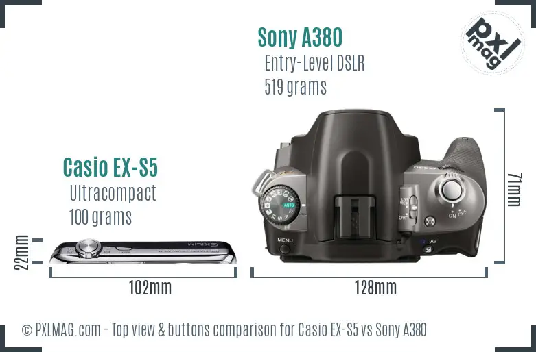 Casio EX-S5 vs Sony A380 top view buttons comparison