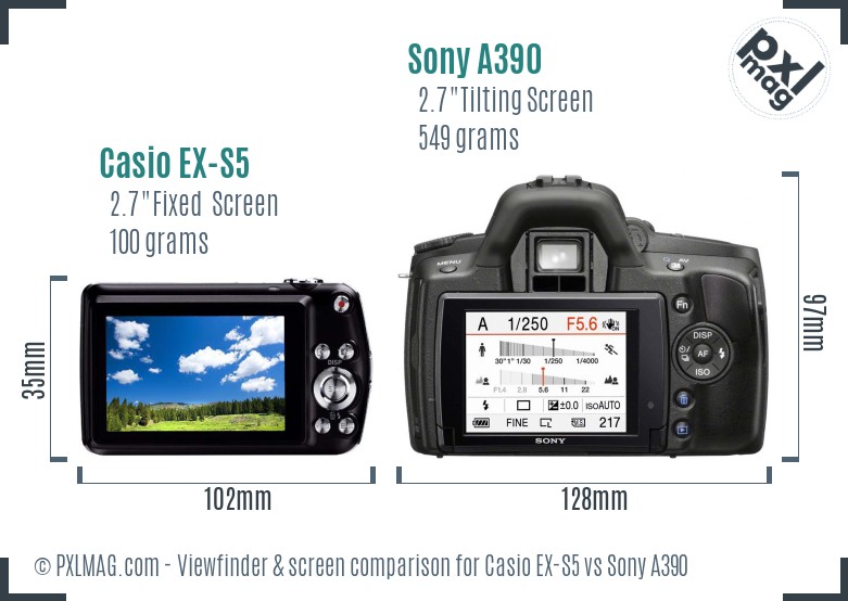 Casio EX-S5 vs Sony A390 Screen and Viewfinder comparison