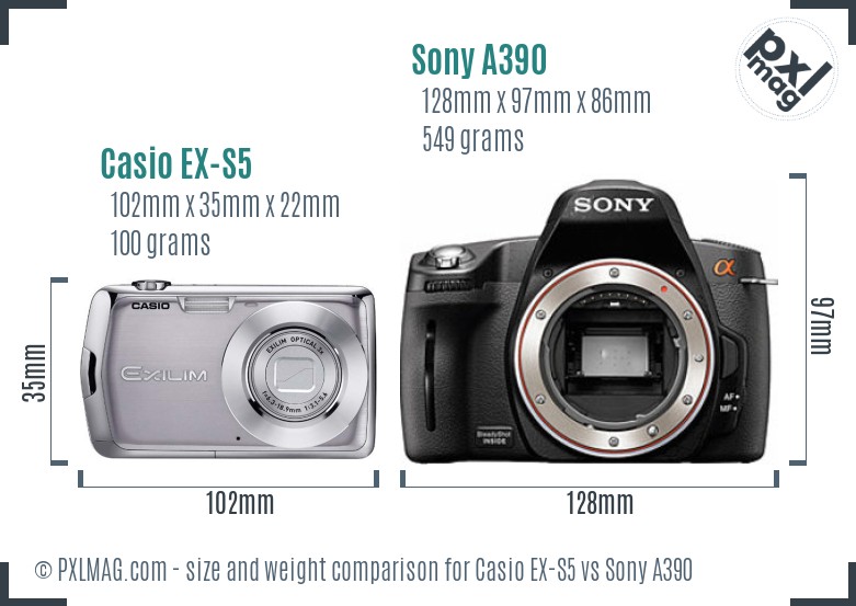 Casio EX-S5 vs Sony A390 size comparison