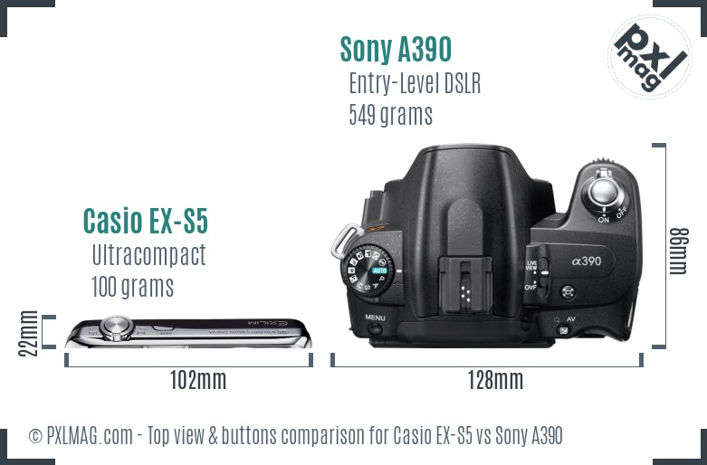 Casio EX-S5 vs Sony A390 top view buttons comparison