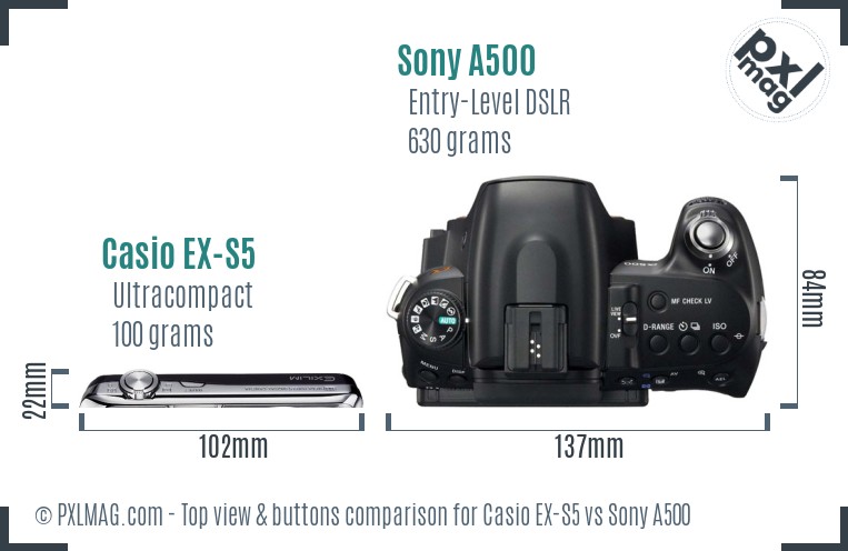 Casio EX-S5 vs Sony A500 top view buttons comparison