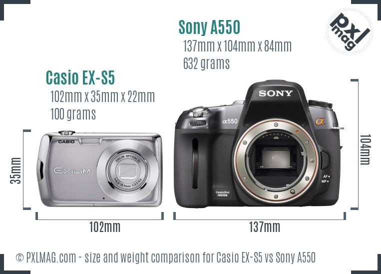 Casio EX-S5 vs Sony A550 size comparison
