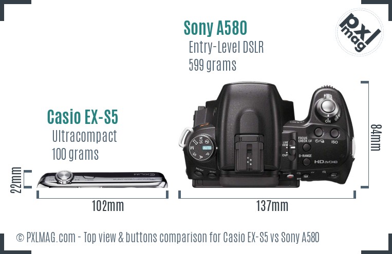 Casio EX-S5 vs Sony A580 top view buttons comparison