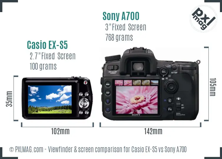 Casio EX-S5 vs Sony A700 Screen and Viewfinder comparison Casio EX-S5 vs Sony A700 Screen and Viewfinder comparison