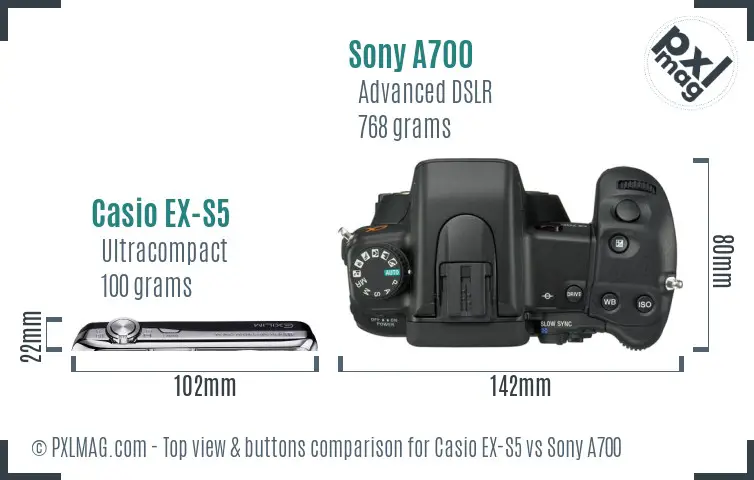 Casio EX-S5 vs Sony A700 top view buttons comparison Casio EX-S5 vs Sony A700 top view buttons comparison
