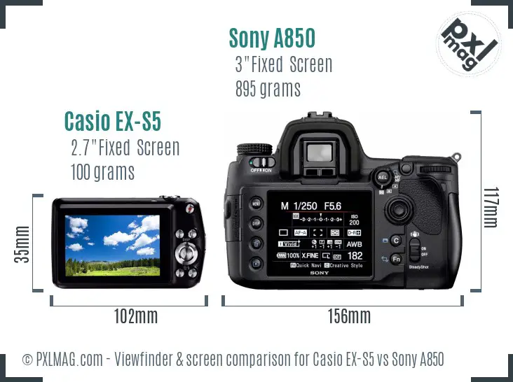 Casio EX-S5 vs Sony A850 Screen and Viewfinder comparison