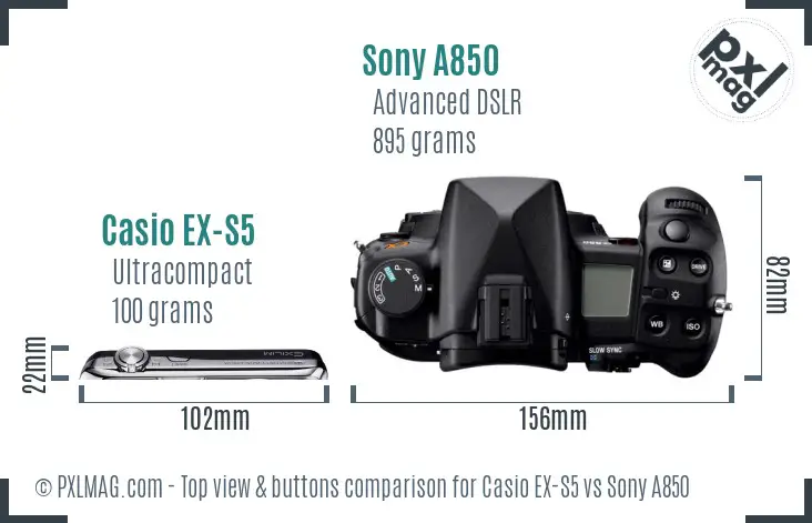 Casio EX-S5 vs Sony A850 top view buttons comparison