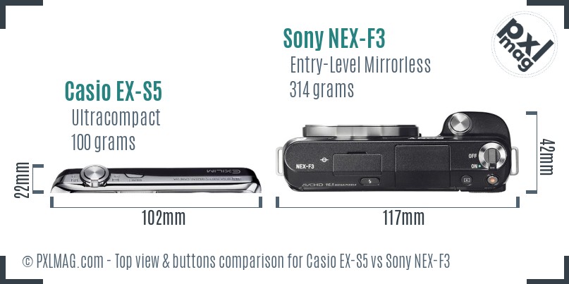 Casio EX-S5 vs Sony NEX-F3 top view buttons comparison