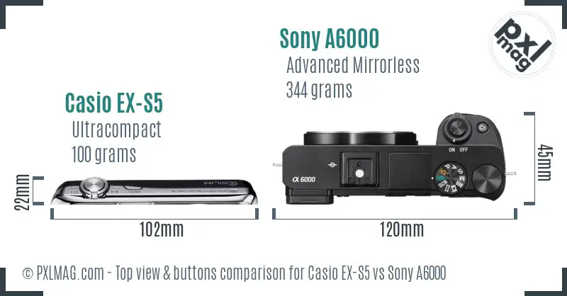 Casio EX-S5 vs Sony A6000 top view buttons comparison