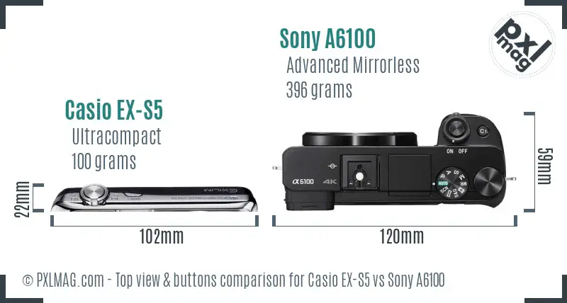 Casio EX-S5 vs Sony A6100 top view buttons comparison Casio EX-S5 vs Sony A6100 top view buttons comparison