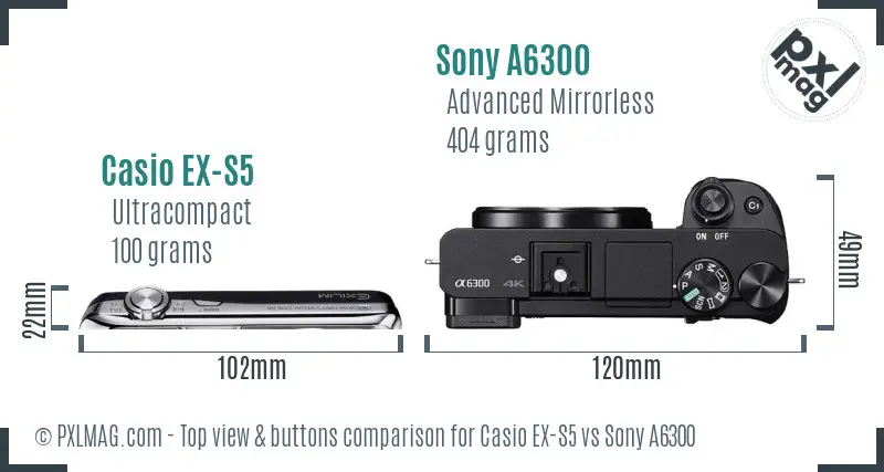 Casio EX-S5 vs Sony A6300 top view buttons comparison Casio EX-S5 vs Sony A6300 top view buttons comparison