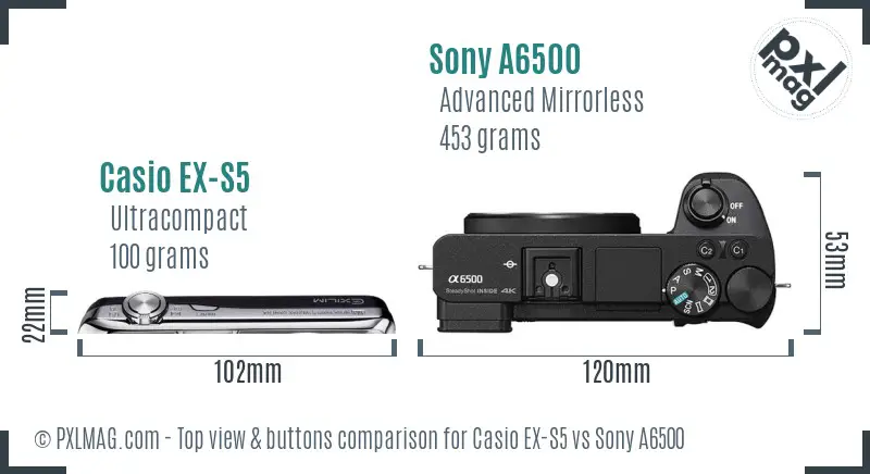 Casio EX-S5 vs Sony A6500 top view buttons comparison