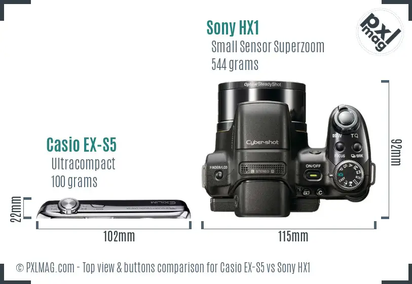 Casio EX-S5 vs Sony HX1 top view buttons comparison