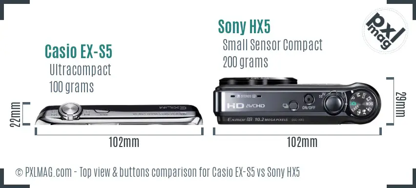 Casio EX-S5 vs Sony HX5 top view buttons comparison