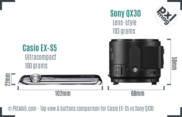 Casio EX-S5 vs Sony QX30 top view buttons comparison
