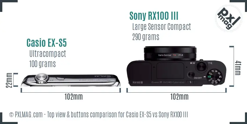 Casio EX-S5 vs Sony RX100 III top view buttons comparison Casio EX-S5 vs Sony RX100 III top view buttons comparison