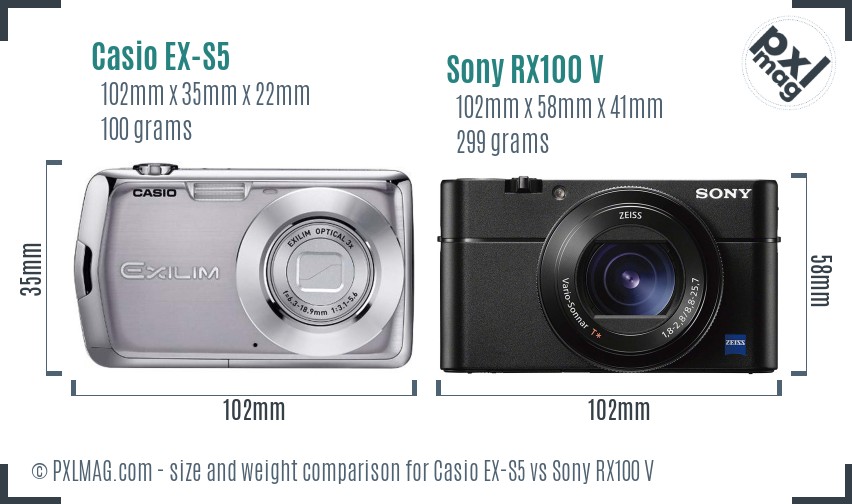 Casio EX-S5 vs Sony RX100 V size comparison
