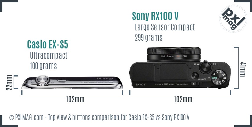Casio EX-S5 vs Sony RX100 V top view buttons comparison