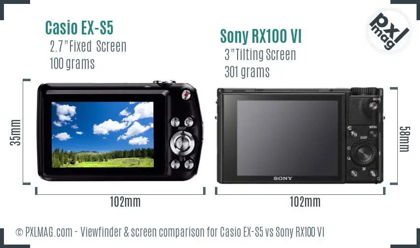 Casio EX-S5 vs Sony RX100 VI Screen and Viewfinder comparison