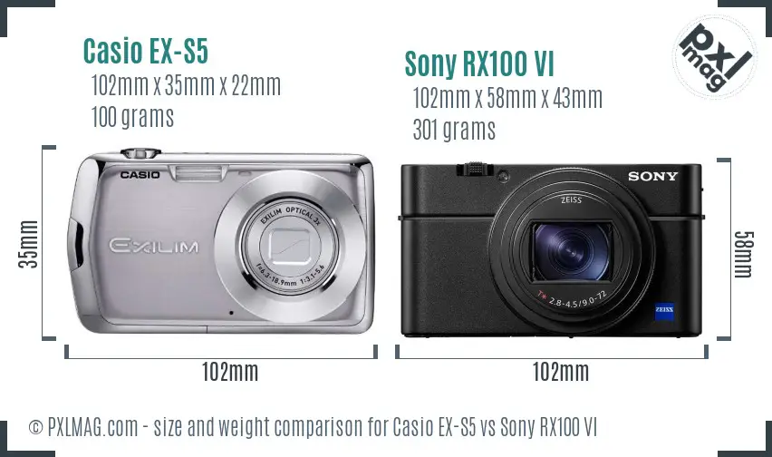 Casio EX-S5 vs Sony RX100 VI size comparison