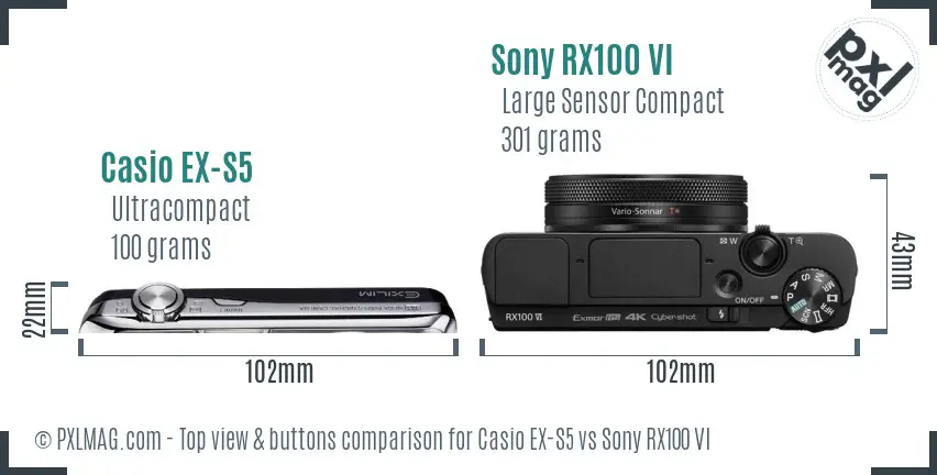 Casio EX-S5 vs Sony RX100 VI top view buttons comparison