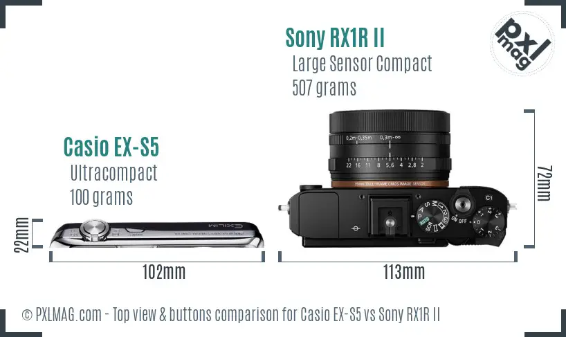 Casio EX-S5 vs Sony RX1R II top view buttons comparison Casio EX-S5 vs Sony RX1R II top view buttons comparison