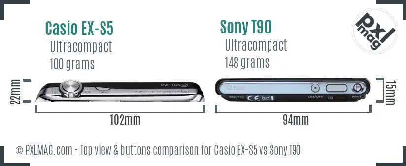 Casio EX-S5 vs Sony T90 top view buttons comparison