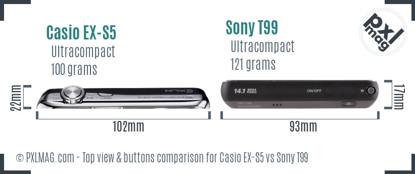 Casio EX-S5 vs Sony T99 top view buttons comparison