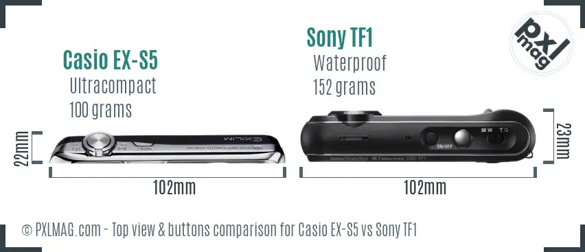 Casio EX-S5 vs Sony TF1 top view buttons comparison