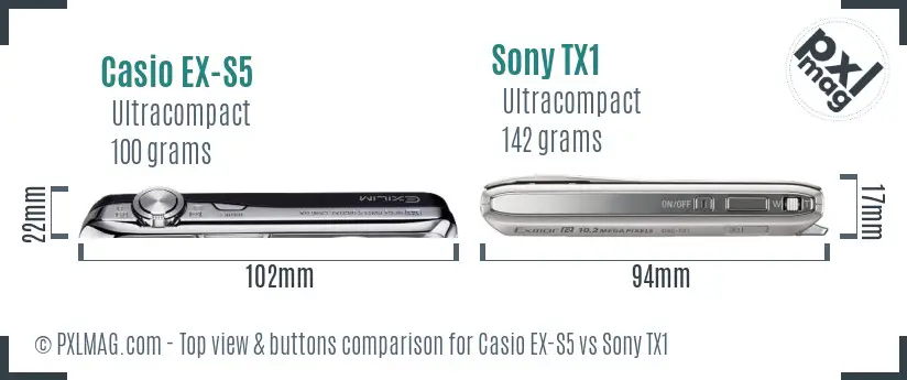 Casio EX-S5 vs Sony TX1 top view buttons comparison Casio EX-S5 vs Sony TX1 top view buttons comparison