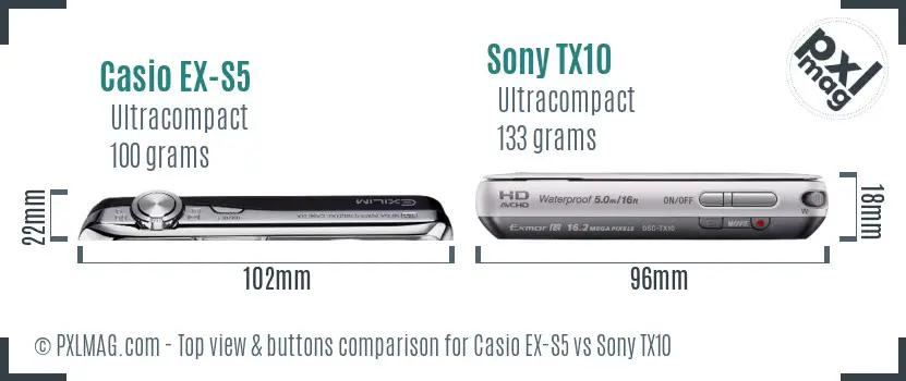Casio EX-S5 vs Sony TX10 top view buttons comparison Casio EX-S5 vs Sony TX10 top view buttons comparison