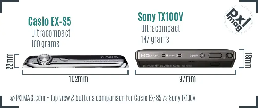 Casio EX-S5 vs Sony TX100V top view buttons comparison