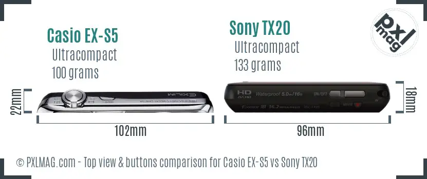 Casio EX-S5 vs Sony TX20 top view buttons comparison