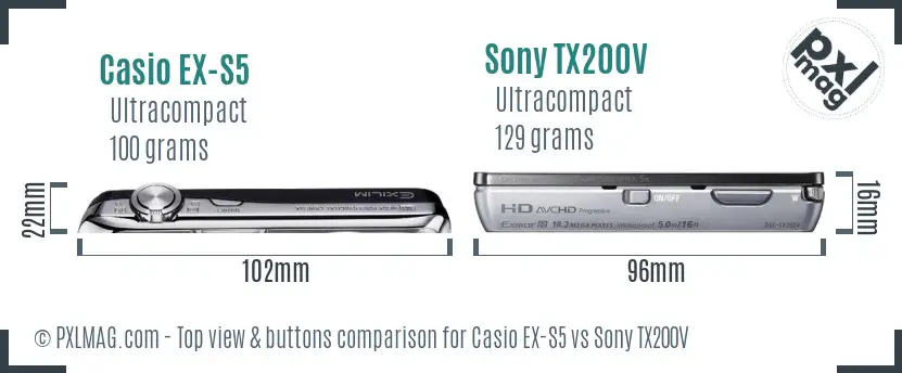 Casio EX-S5 vs Sony TX200V top view buttons comparison