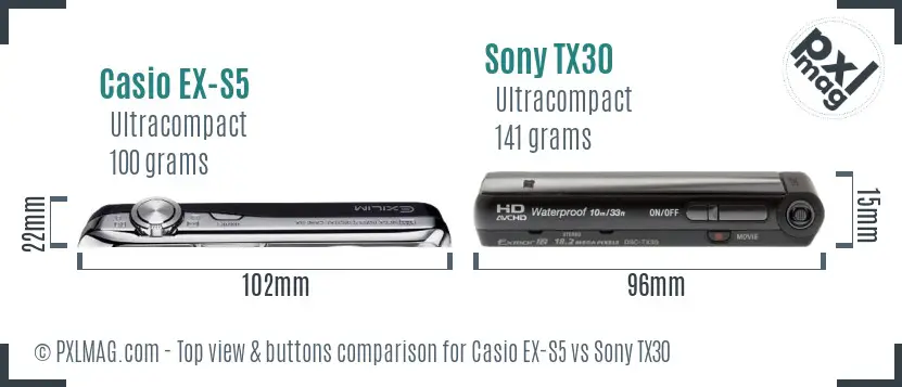 Casio EX-S5 vs Sony TX30 top view buttons comparison