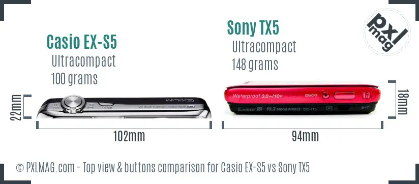 Casio EX-S5 vs Sony TX5 top view buttons comparison