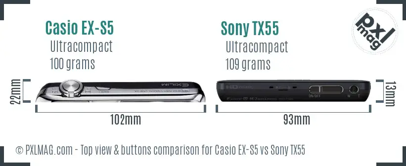 Casio EX-S5 vs Sony TX55 top view buttons comparison
