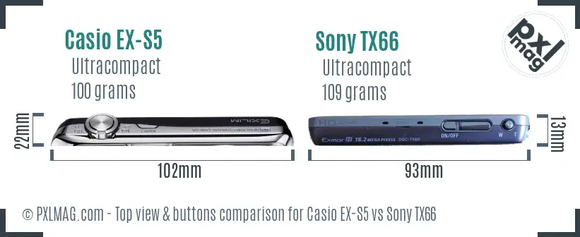 Casio EX-S5 vs Sony TX66 top view buttons comparison